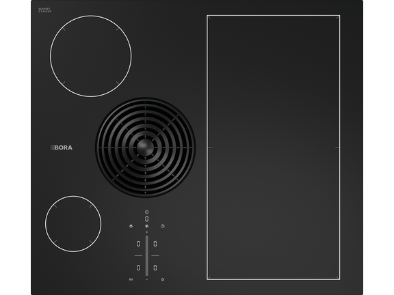 BORA Kochfeld mit integriertem Abluftsystem und Induktionskochzonen in modernem schwarzem Design.