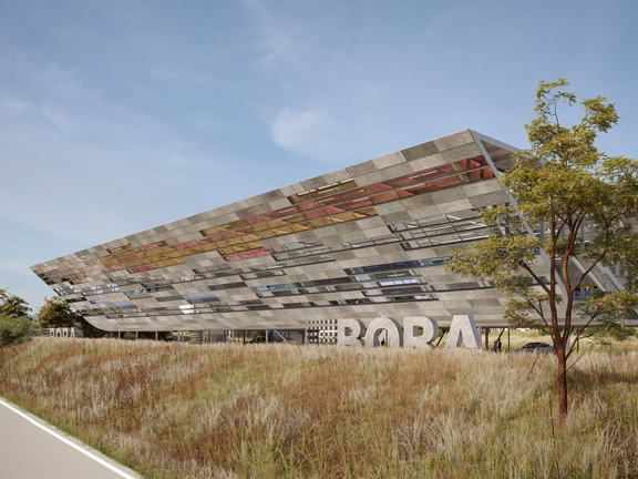 BORA Firmenzentrale mit markanter Architektur, umgeben von Grünflächen und sichtbarem BORA Logo im Vordergrund.